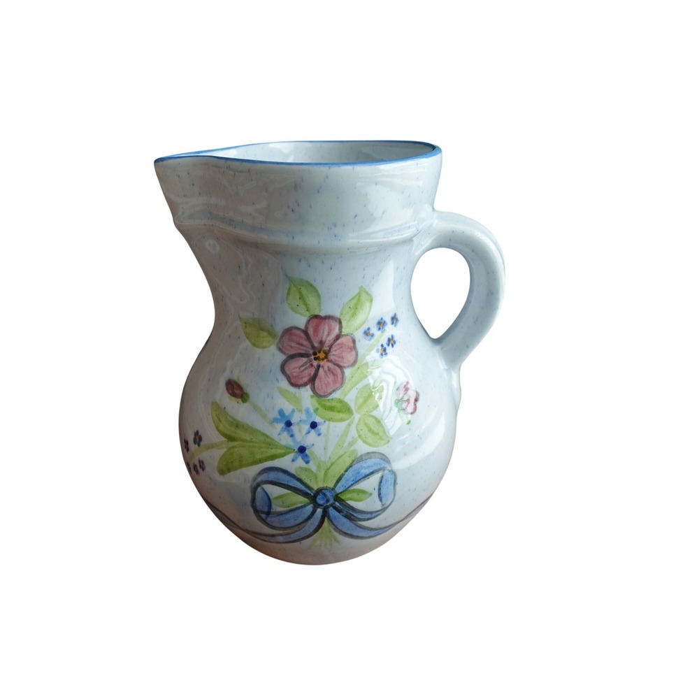 Vintage French Country Ceramic Pitcher | Floral Pottery Jug with Blue Ribbon